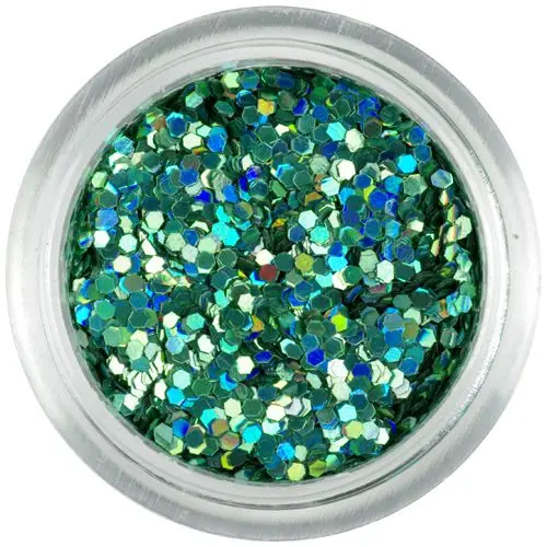 1mm hologramové flitry – modrozelené šestihrany