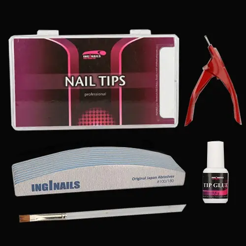 Modelovací SADA: 10 ks pilníků na nehty + nehtové tipy + lepidlo na nehty + gilotina + štětec